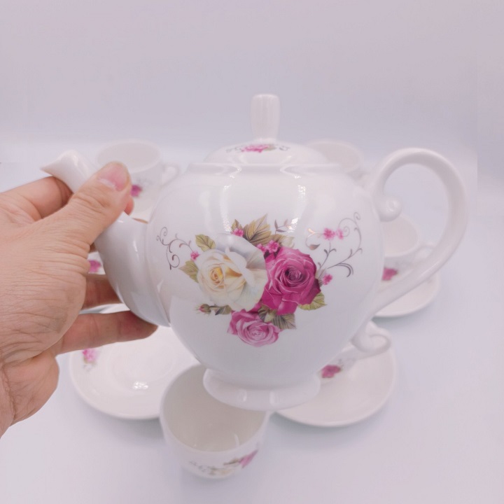 Bộ Ấm Chén Men Ngà Pha Trà Hoa Hồng Tuyệt Đẹp