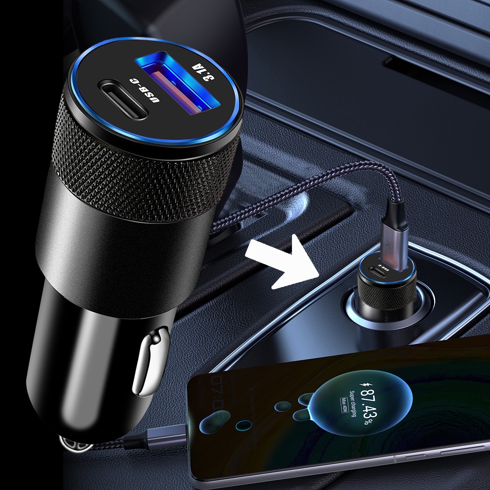 Tẩu Sạc Nhanh 15W 2 cổng USB Type-C Màu Đen Đa Năng Cho Xe Hơi Ô Tô  [ Miếng Lót chuột ]
