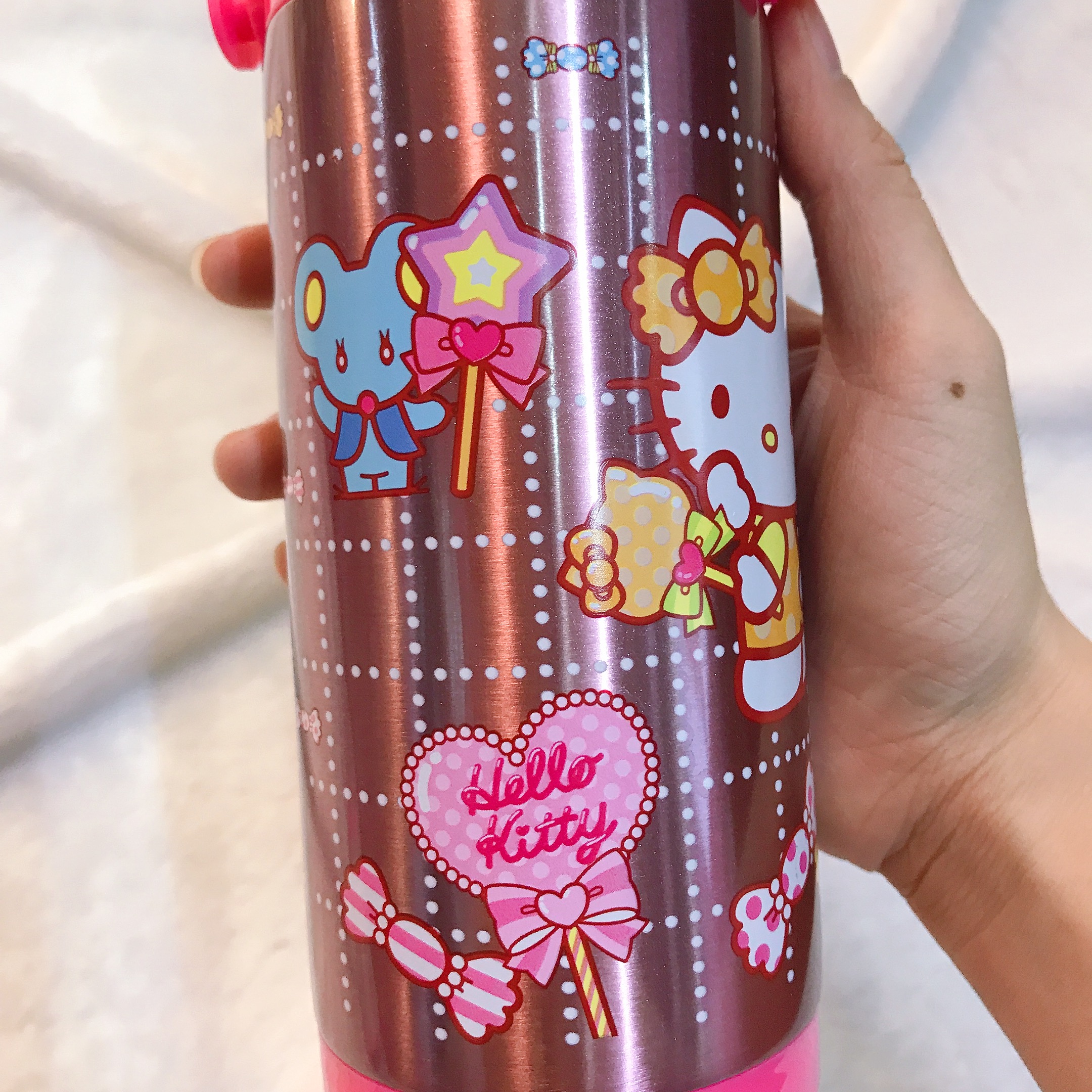 Bình nước giữ nhiệt hình mèo Kitty chấm ô vuông nắp trong suốt màu hồng đậm cho trẻ em, bé gái -  - KT3610HD