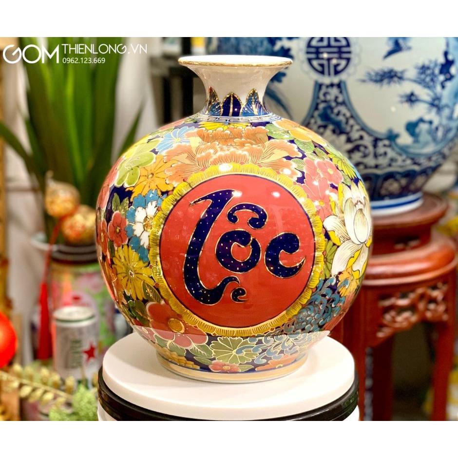 Bình Hút Tài Lộc Vẽ Vàng Phúc Lộc Thọ - Bình Hút Lộc Bát Tràng - Gốm Thiên Long