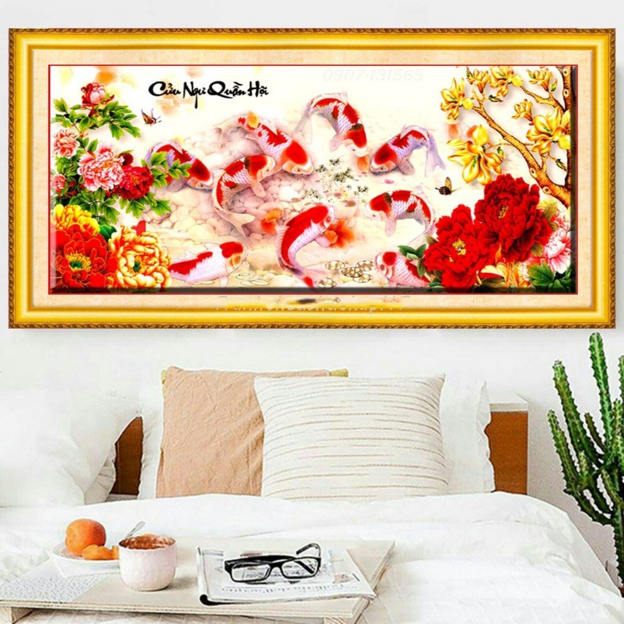 tranh đính đá Cửu ngư quần hội 115x50cm