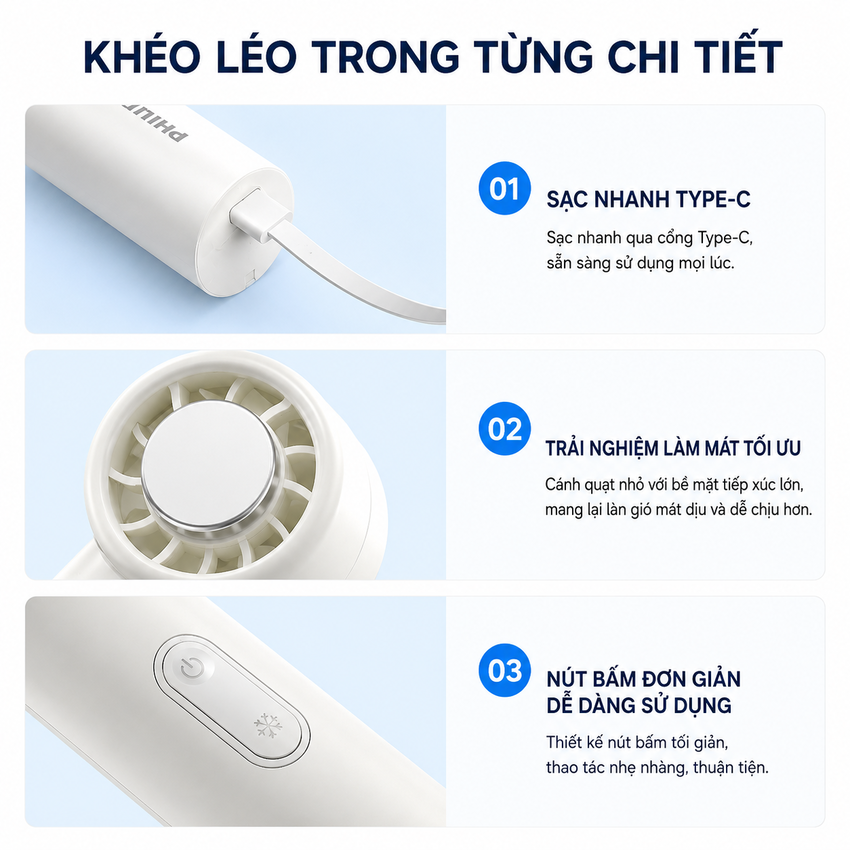 Quạt mini cầm tay USB 5 cấp độ gió, pin 3.000mAh thương hiệu Hà Lan cao cấp Philips ACR2124PPF ACR2124MPF serial 2000 - Hàng chính hãng