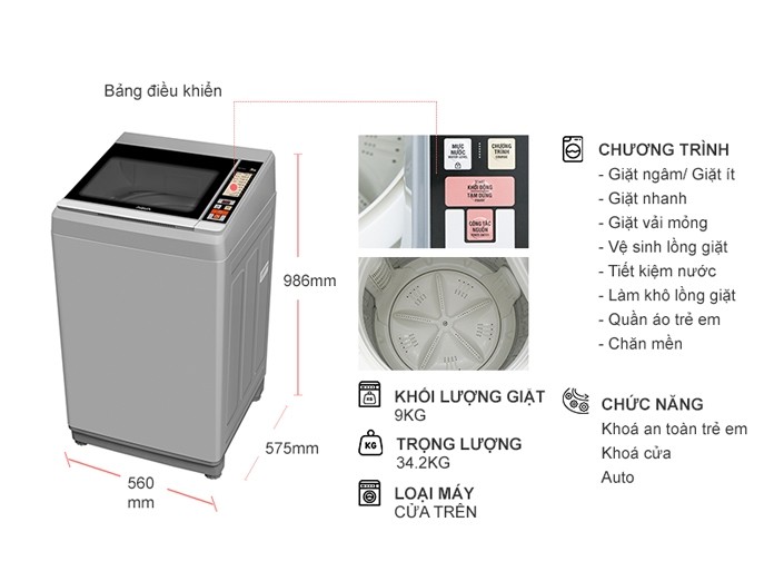 Máy giặt Aqua 9 kg AQW-S90CT.S