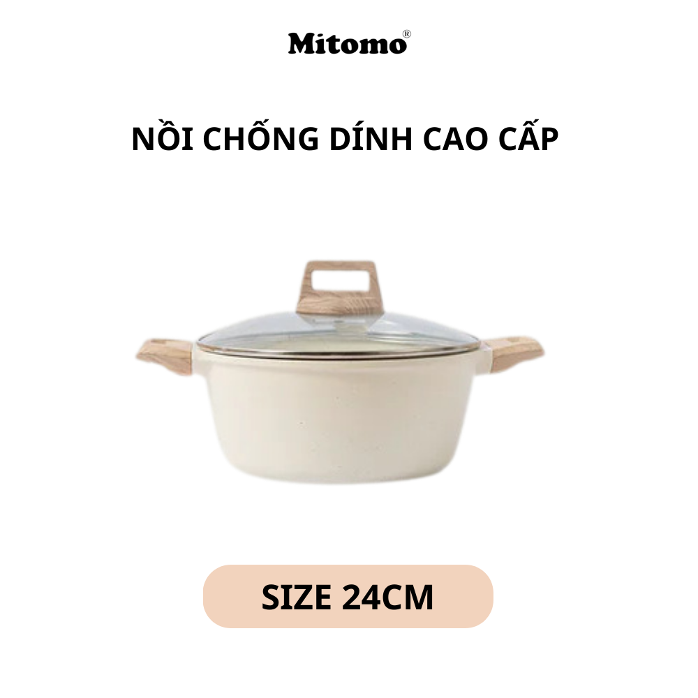 Bộ nồi vân đá chóng dính cao cấp 4 món Mitomo, đúc nguyên khối, nấu trên mọi loại bếp - Hàng chính hãng