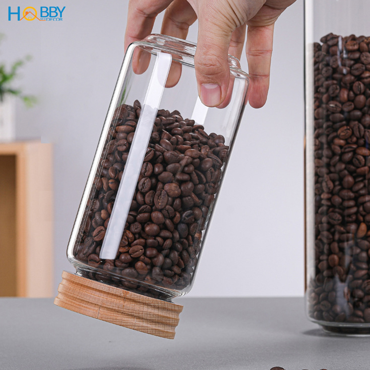 Hũ thuỷ tinh nắp gỗ vặn kín hơi Hobby home decor HUNG4 loại 1000ml