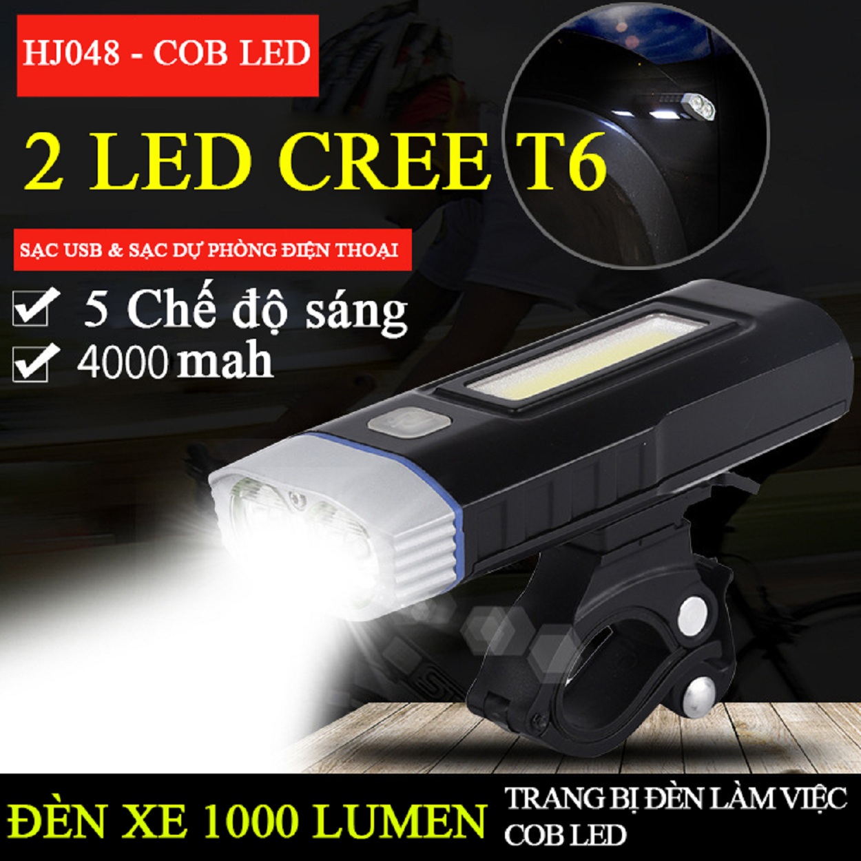 Đèn Pha Xe Đạp Đa Năng Hàng Chính Hãng MPEDA HJ048 | Đèn 2 LED Siêu Sáng Cree T6, Độ Sáng 1000 Lumens | Pin Kết Hợp Sạc Dự Phòng Điện Thoại 4000 mah | Đèn Làm Việc COB LED Thời Gian Sáng Tối Đa Trên 8 Giờ. Màu Đen/ Viền Cam