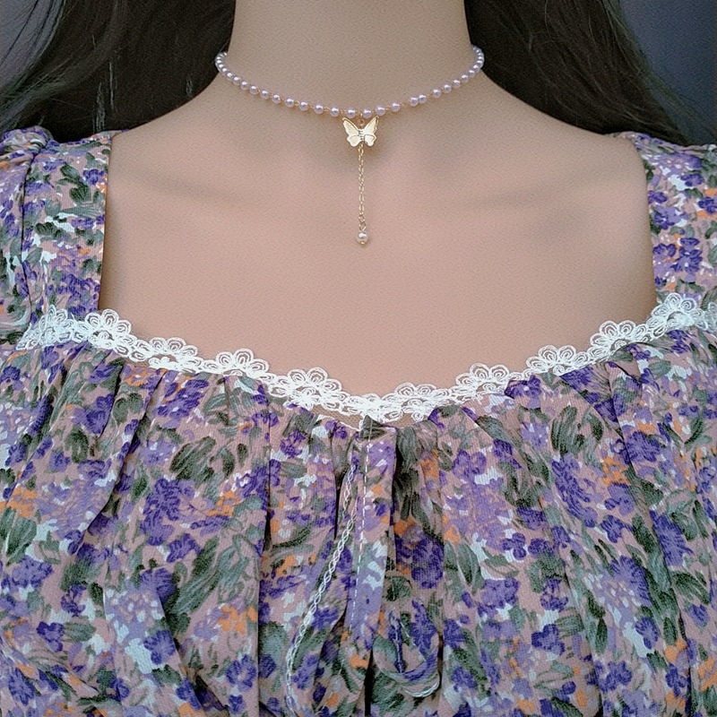 Vòng Cổ Choker Mặt Hình Bướm Đính Ngọc Trai Phong Cách Retro Hàn Quốc