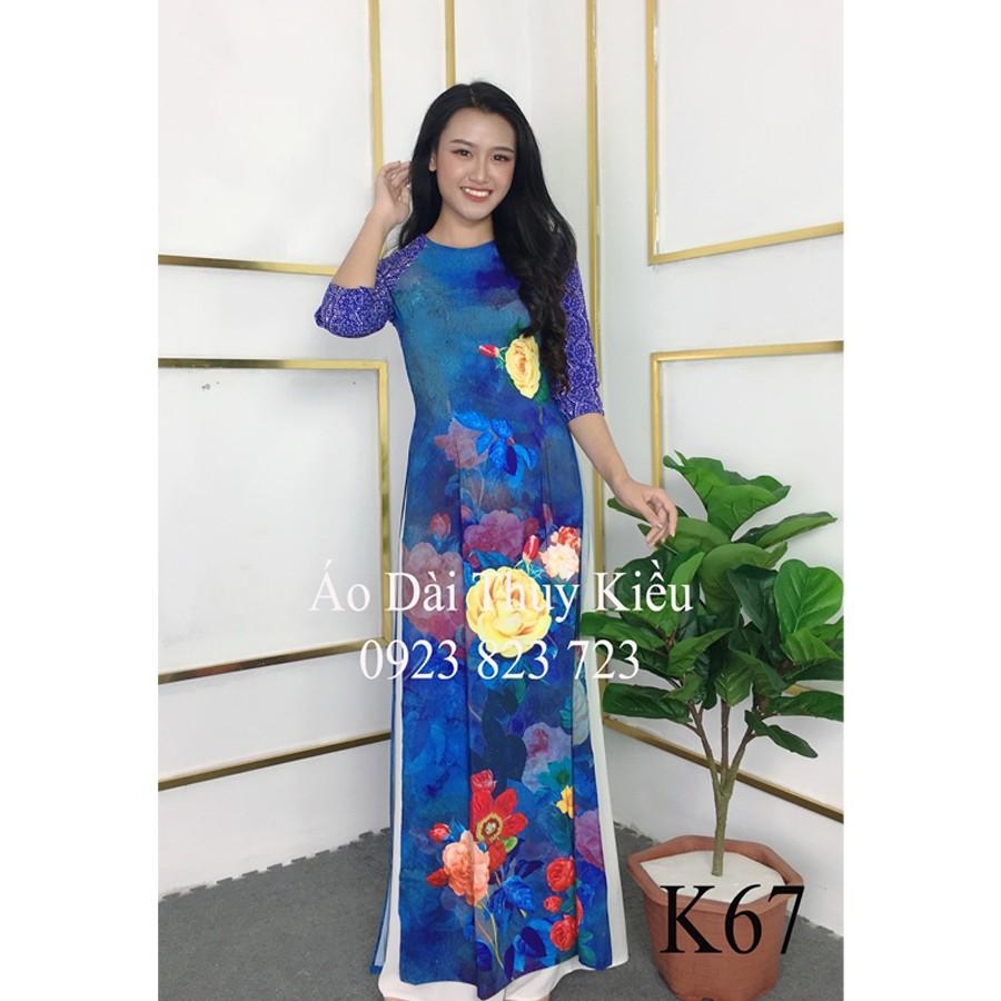 Áo dài nữ thiết kế đẹp may sẵn cách tân trung niên tết nền xanh K67 Thúy Kiều mềm mại, co giãn,áo dài giá rẻ