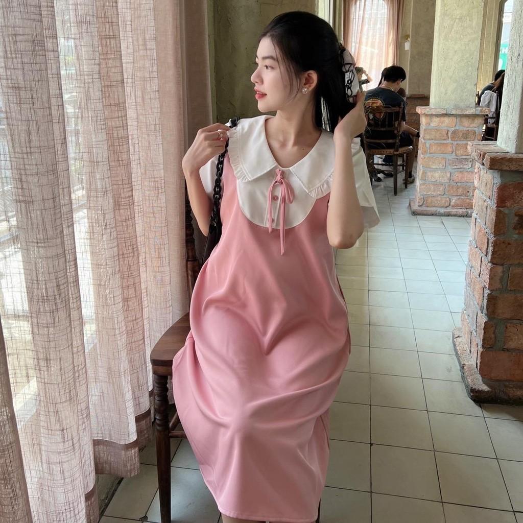 Đầm bầu giả yếm cổ sen bèo form suông công sở cotton lạnh mặc mát mẻ, trẻ trung - Hồng