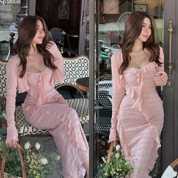 ĐẦM MIDI DÀI 2 DÂY CỔ U SUÔNG TRƠN ÔM BODY BÈO + KHOÁC LỬNG CARDIGAN HỒNG PASTEL ĐEN TRẮNG ĐI BIỂN DỰ TIỆC ĐI CHƠI DẠO PHỐ
