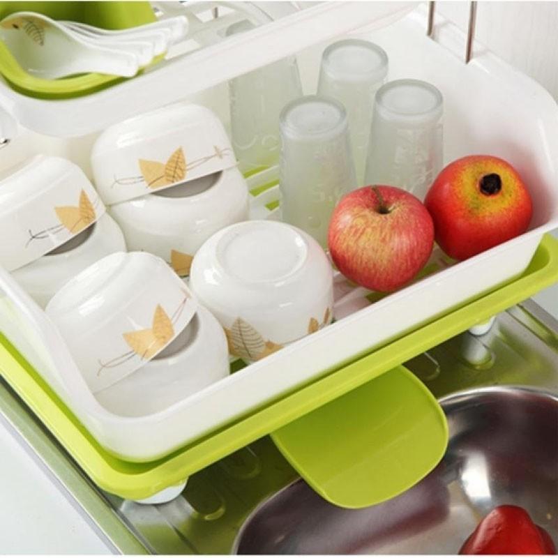 Kệ úp bát 2 tầng bằng nhựa khung inox siêu bền kèm ống đựng thìa muỗng đũa tiện dụng, dễ lắp đặt và di chuyển