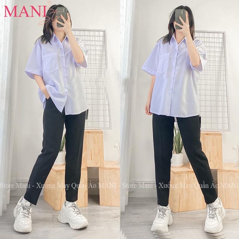 Áo sơ mi nữ form rộng tay ngắn lỡ kiểu dáng basic màu trắng dáng suông style đi học sinh viên có túi ngực