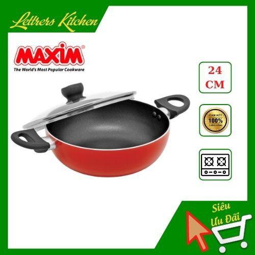 Chảo trơn chống dính sâu lòng 2 quai MAXIM 24cm nhập khẩu cao cấp - Kèm nắp kiếng cường lực, màu sắc nổi bật