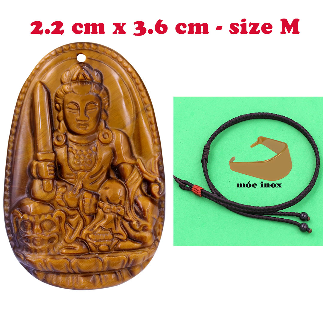 Mặt Phật Văn thù đá mắt hổ 3.6 cm kèm vòng cổ dây dù nâu - mặt dây chuyền size M, Mặt Phật bản mệnh