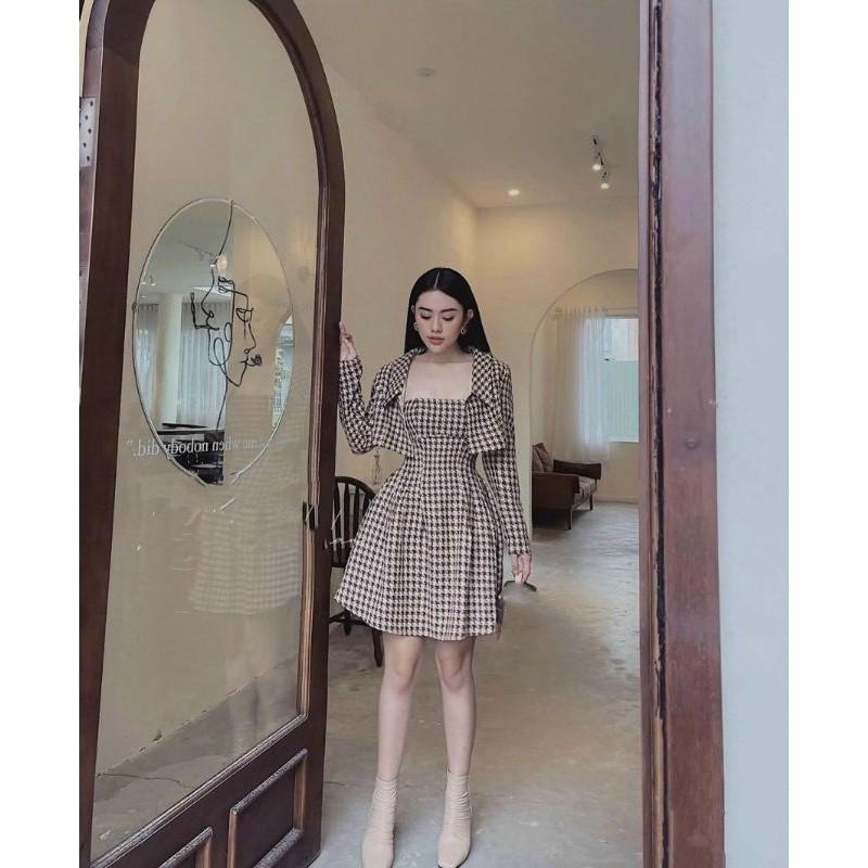 Set Đầm Hai Dây Caro Xoè Kèm Khoác Croptop Caro