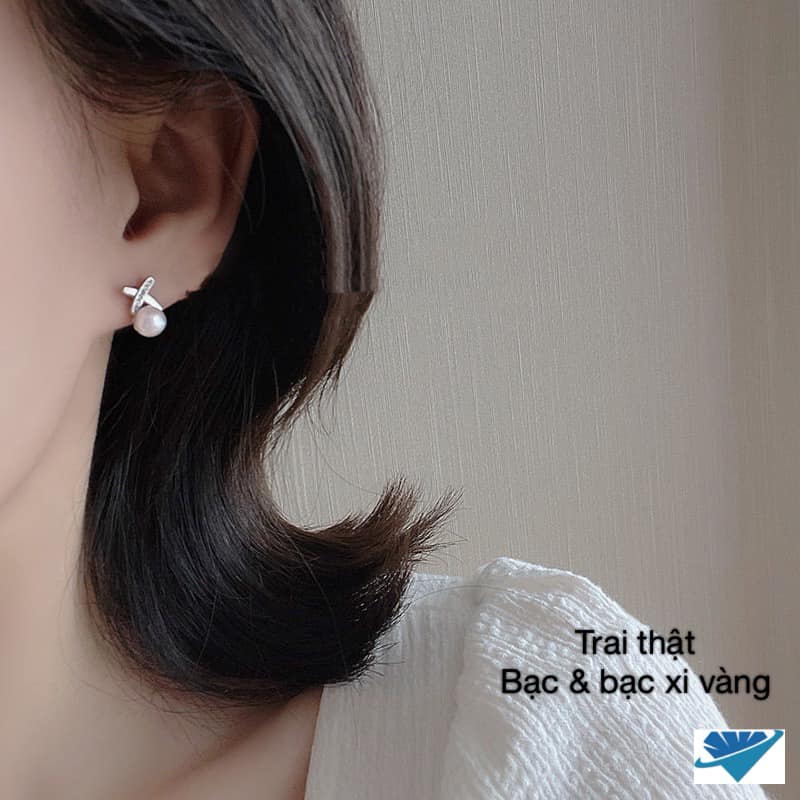 Bông tai bạc gắn trai thật chất liệu bạc s925 MS06a