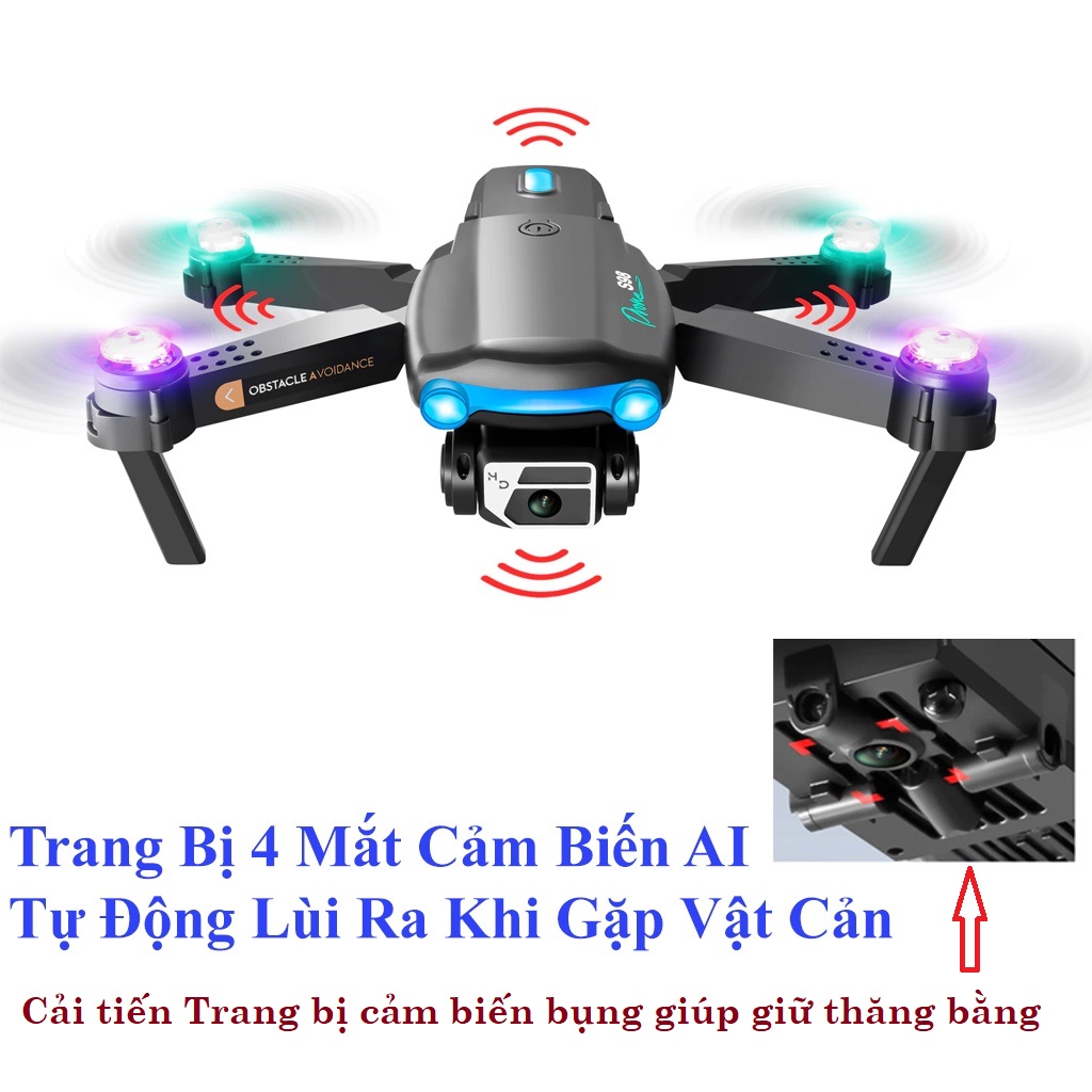 Flycam mini 4k, Flycam giá rẻ S98 Pro Max Cảm biến chống va chạm 4 chiều, đèn led bay ban đêm, cảm biến bụng giữ thăng bằng khi bay, nhào lộn 360 độ