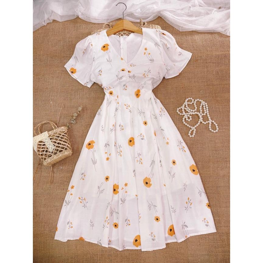Váy hoa cổ V, Đầm trắng cổ tim Cao Cấp dáng xòe dài, phong cách Vintage hoa đỏ tay ngắn, mặc dự tiêc công sở - MiNhi