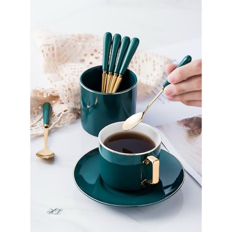 Thìa cà phê vàng cán sứ xanh cổ vịt mẫu mới cao cấp
