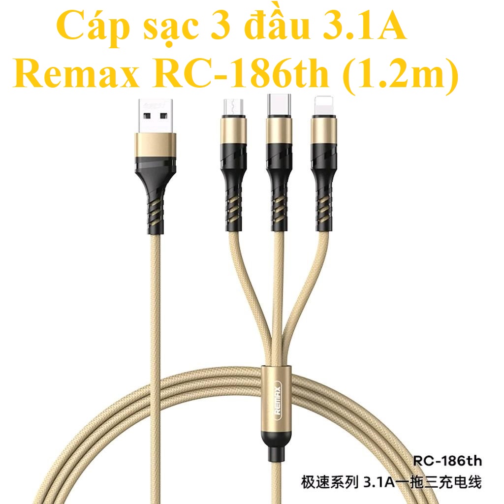 Cáp sạc đa năng 3 đầu M+C+ip Remax RC186th (1.2m) _ Hàng chính hãng