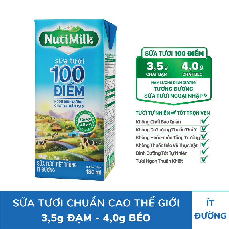 Thùng 48 Hộp NutiMilk Sữa tươi 100 điểm - Sữa tươi tiệt trùng Ít đường 180ml TU.STID180TI NUTIFOOD