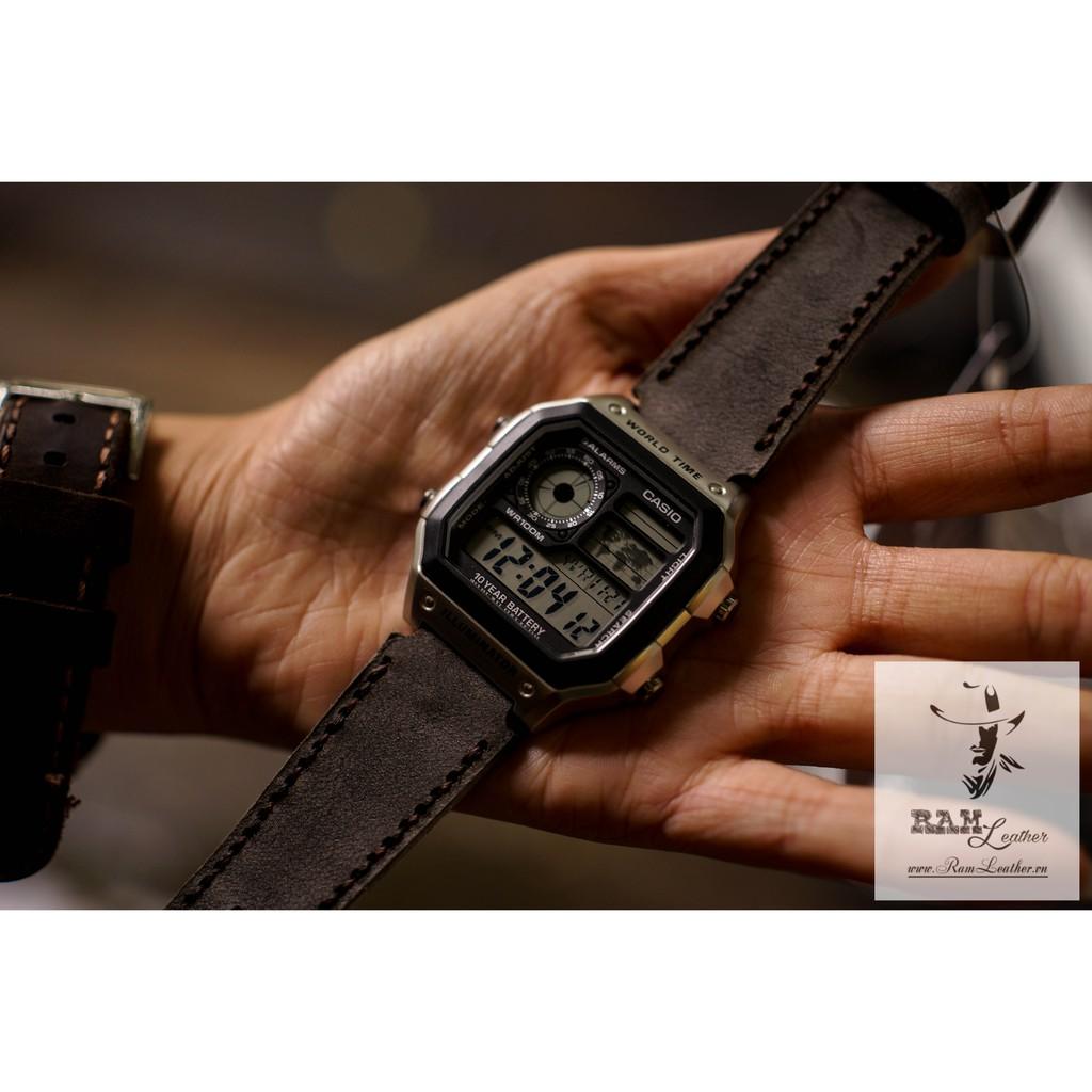 Dây đồng hồ da bò cho Casio AE1200 WHD và Seiko 5 37mm - Da bò xám than quân đội Đức