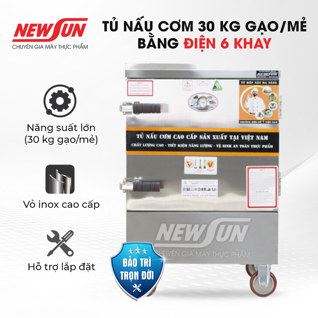 Tủ Nấu Cơm 30 Kg Gạo/ Mẻ Bằng Điện NEWSUN 6 Khay Inox 304 Việt Nam - Hàng Chính Hãng