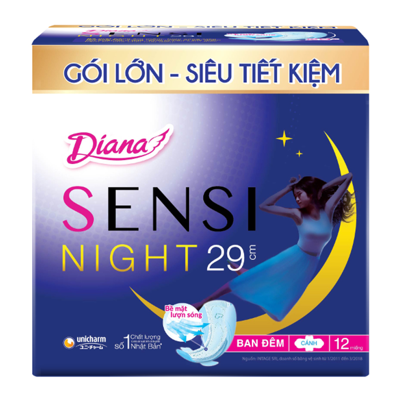 Combo 4 Gói Băng Vệ Sinh Diana Sensi Ban Đêm 29cm (12 Miếng/Gói)