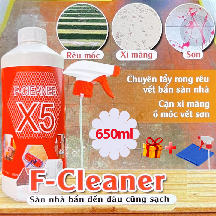 Nước Tẩy Trắng Vệ Sinh Sàn Nhà Dạng Xịt F-Cleaner X5 650ml Làm Sạch Bề Mặt Sàn Đá Hóa, Đường Chỉ Gạch + Tặng Khăn Lau