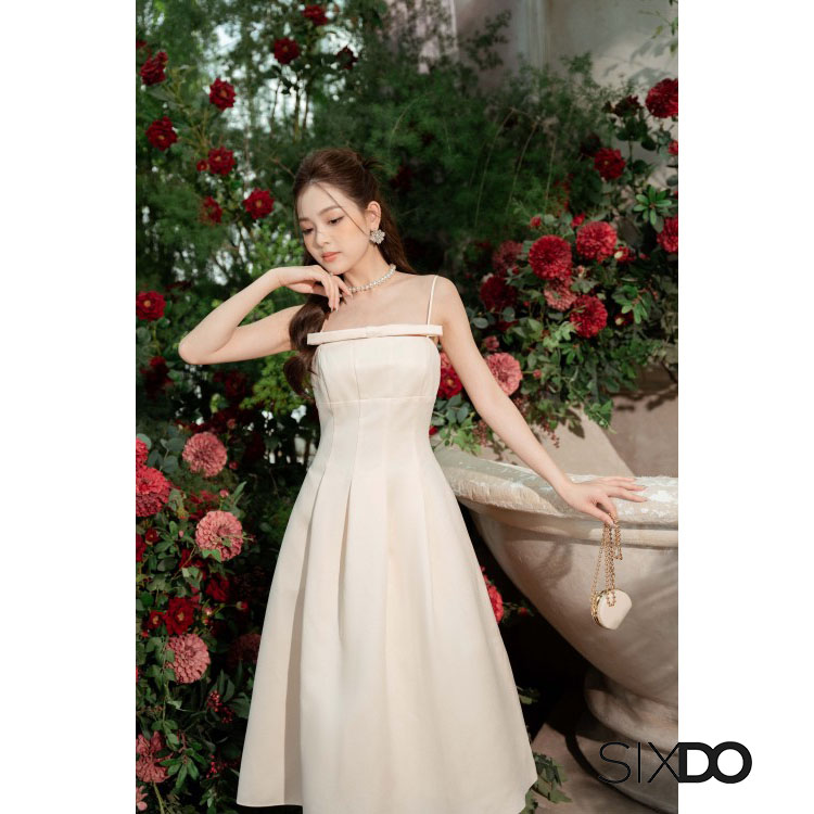 Đầm taffeta hai dây phối nơ ngực sang trọng SIXDO-Z