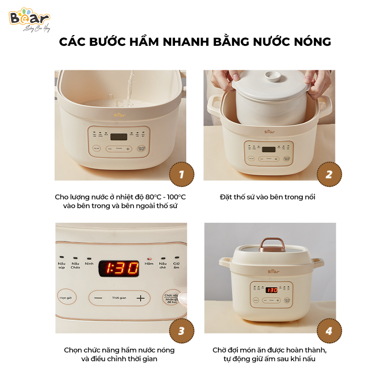 Nồi Nấu Chậm Bear 1,6L Đa Năng 6 Chế Độ Ninh Nấu Hầm Hấp Tiết Kiệm Thời Gian Giữ Trọn Chất Dinh Dưỡng -  SB-NNC16 Hàng chính hãng