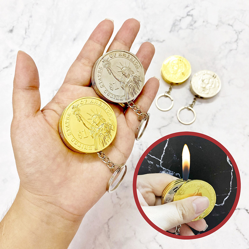 Bật Lửa Móc Khóa Đồng Xu Vàng Bạc Kim Loại - Xài Gas
