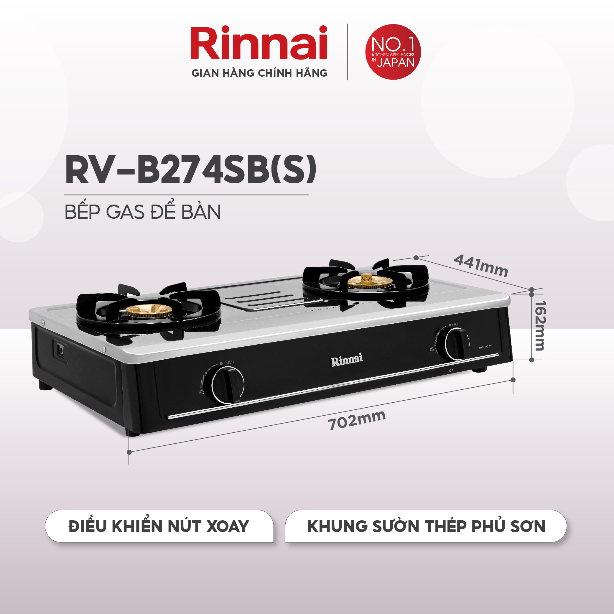 Bếp gas dương Rinnai RV-B274SB(S) mặt bếp inox và kiềng bếp men - Hàng chính hãng.