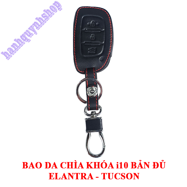 Bao da chìa khóa i10 bản đủ, Elantra, Tucson màu đen chỉ đỏ tặng kèm móc
