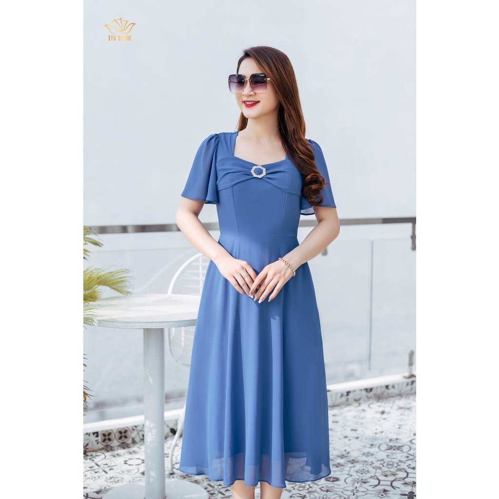 Đầm xoè thời trang trung niên TTV Store Cổ vuông nơ tay loe thiết kế Xanh dương TTV1183 thanh lịch
