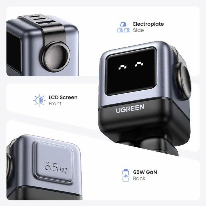 Ugreen UG15579CD361TK 65W 2c1a RG robotGaN with LCD bộ sạc Nexode robot chuẩn PD GaN chuẩn cắm điện CN 3 chân cắm xéo dẹp RoboGaN màu xám đen 2 cổng usb type c và 1A - HÀNG CHÍNH HÃNG