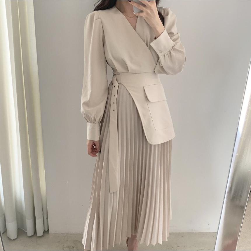 Đầm Tay Dài Cổ Chữ V Thiết Kế Đơn Giản Phong Cách Hàn Quốc Mới 41424