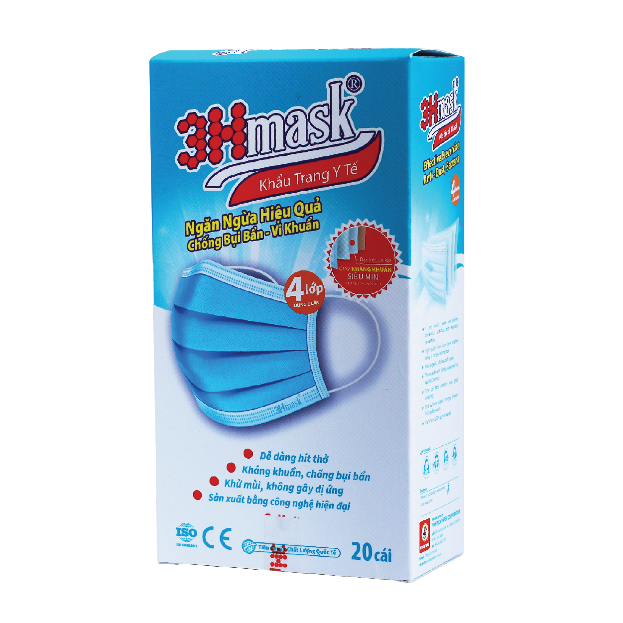 Khẩu Trang 3Hmask 4 Lớp Quai Tròn Xanh (20 cái)