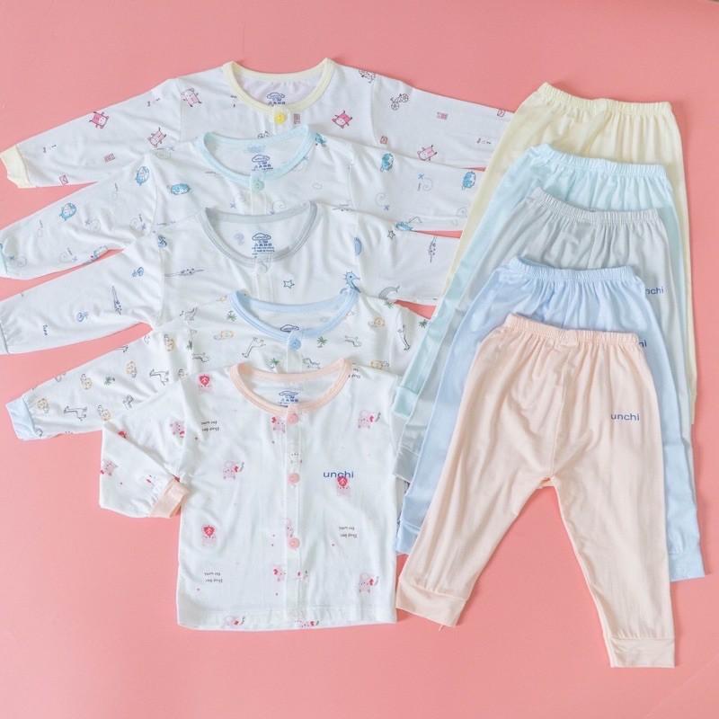 Bộ dài tay khuy giữa Minky chất vải peptit siêu mềm mịn cho bé trai/bé gái- Bộ dài tay Unchi peptit