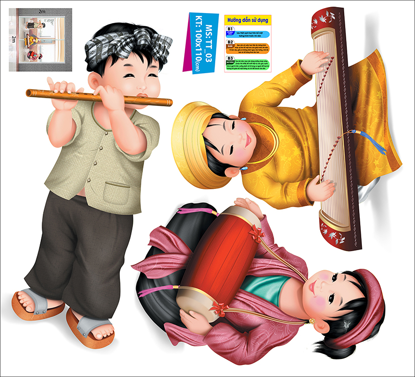 Decal trang trí trung thu 2021 bé chơi nhạc cụ đón trung thu