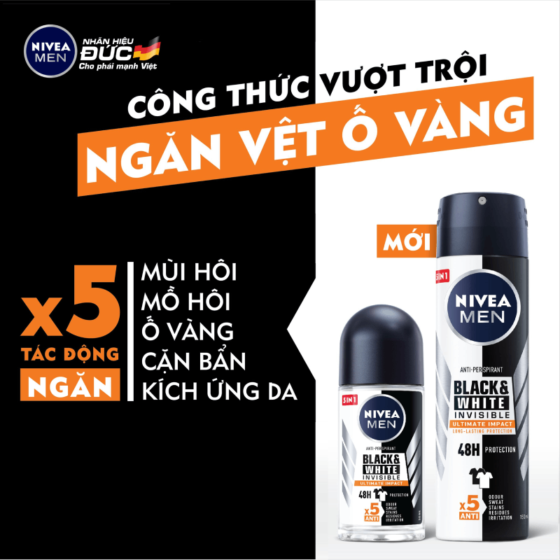 Xịt Ngăn Mùi NIVEA MEN Black & White Ngăn Vệt Ố Vàng Vượt Trội 5in1 (150ml) - 85388