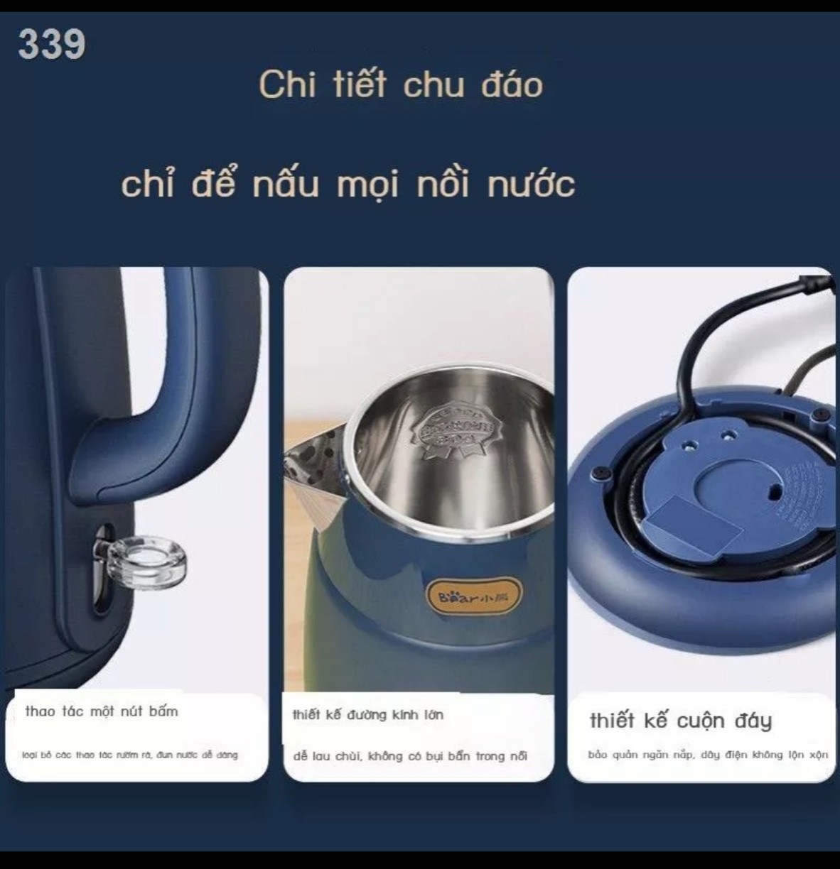 Ấm siêu tốc Bear chính hãng ZDH-Q15H2, đun sôi cực nhanh, tiết kiệm điện - Hàng Chính Hãng