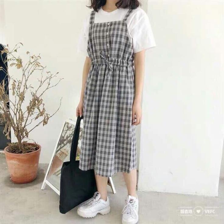 Váy yếm kẻ caro 2 dây chun eo nhẹ nhàng dáng dài ! *