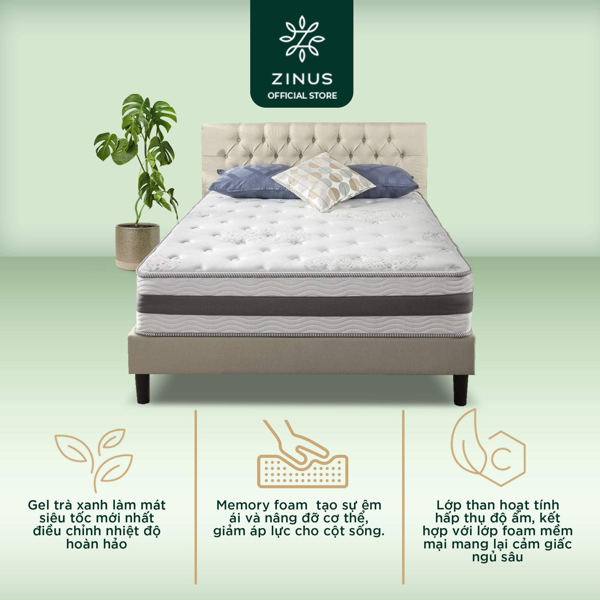 Nệm lò xo túi hút chân không Gel mát cao cấp Zinus - Gel-Infused Memory Foam Hybrid Spring Mattress