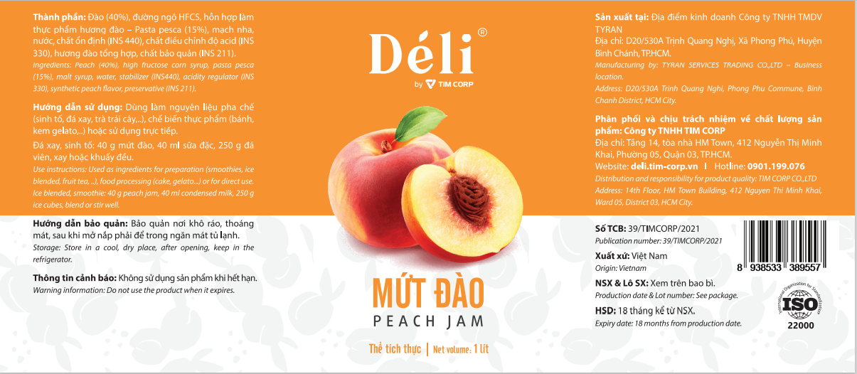 Mứt Đào Déli chai 1L  HSD:18 tháng, nguyên liệu pha chế trà trái cây, soda,..
