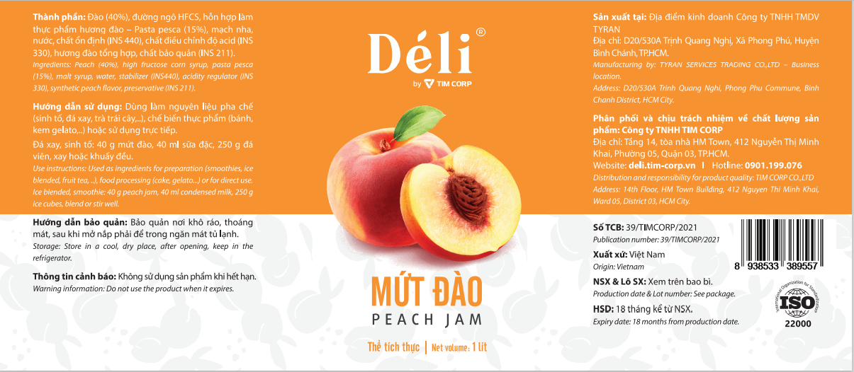 Mứt Đào Déli chai 1L [CHUYÊN SỈ] HSD:18 tháng, nguyên liệu pha chế trà trái cây, soda,..