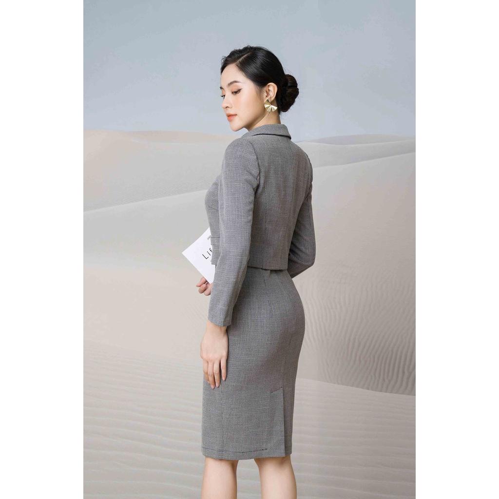 Bộ vest kẻ nhỏ umi; Áo lửng cổ sen + Đầm sát nách Toson B8484K31