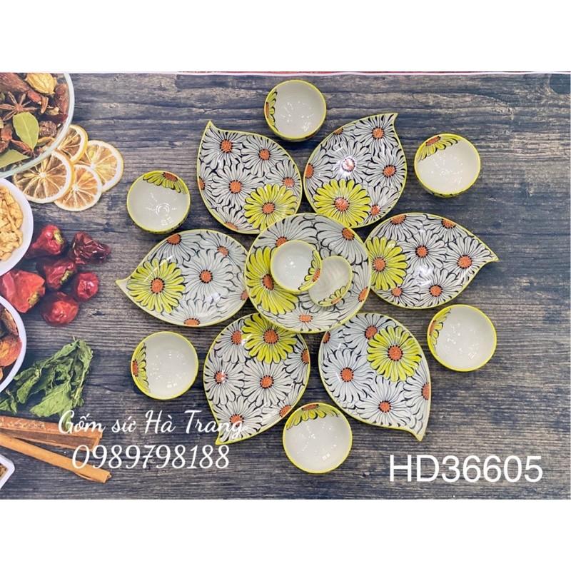 Bộ bát đĩa gốm sứ Bát Tràng cao cấp vẽ hoạ tiết hoa hướng dương mã HD36605