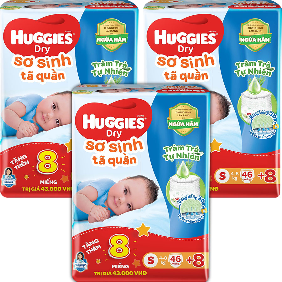 Combo 3 gói Tã quần Huggies Dry cỡ S mới (4kg-8kg) - Gói 46 miếng Tràm Trà + Tặng 8 miếng