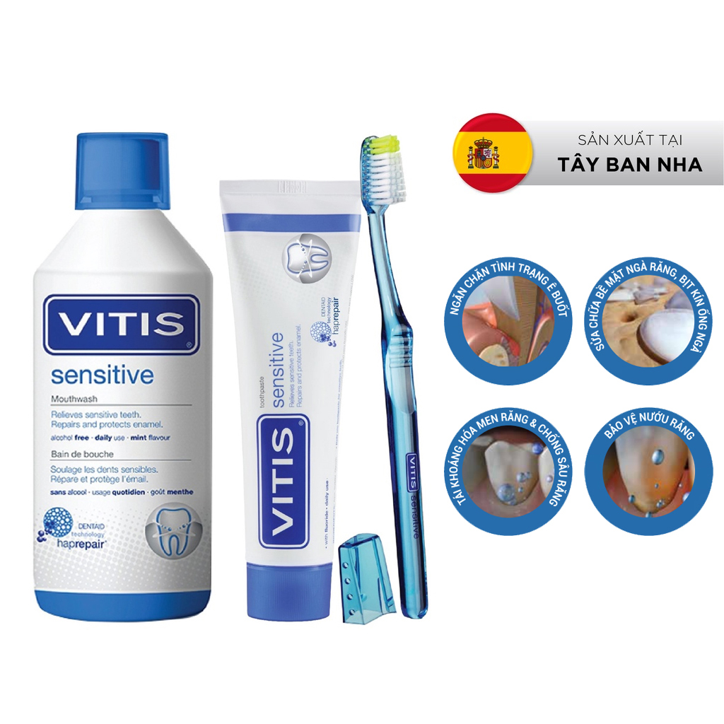 Bộ sản phẩm chăm sóc răng ê buốt Vitis Sensitive (Nước súc miệng 500ml, kem đánh răng 100ml và bàn chải)